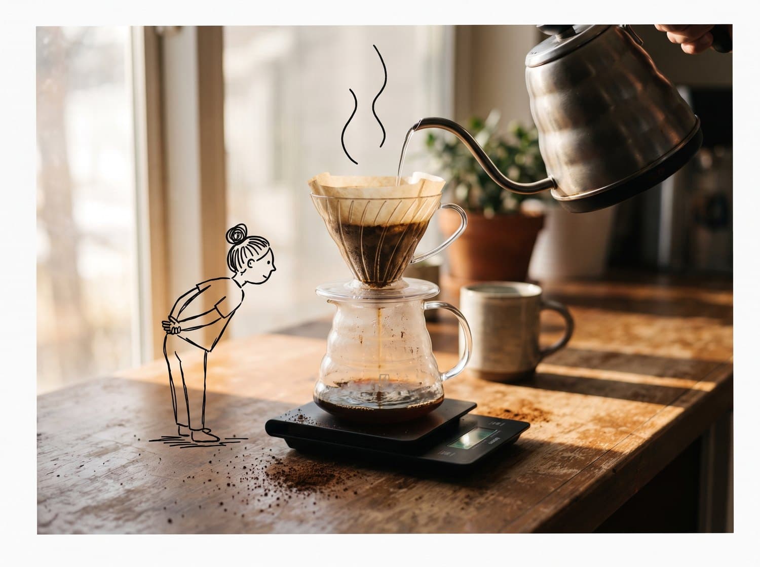 A pour-over being brewed on a kitchen counter, with a small drawn figure leaning in to watch it