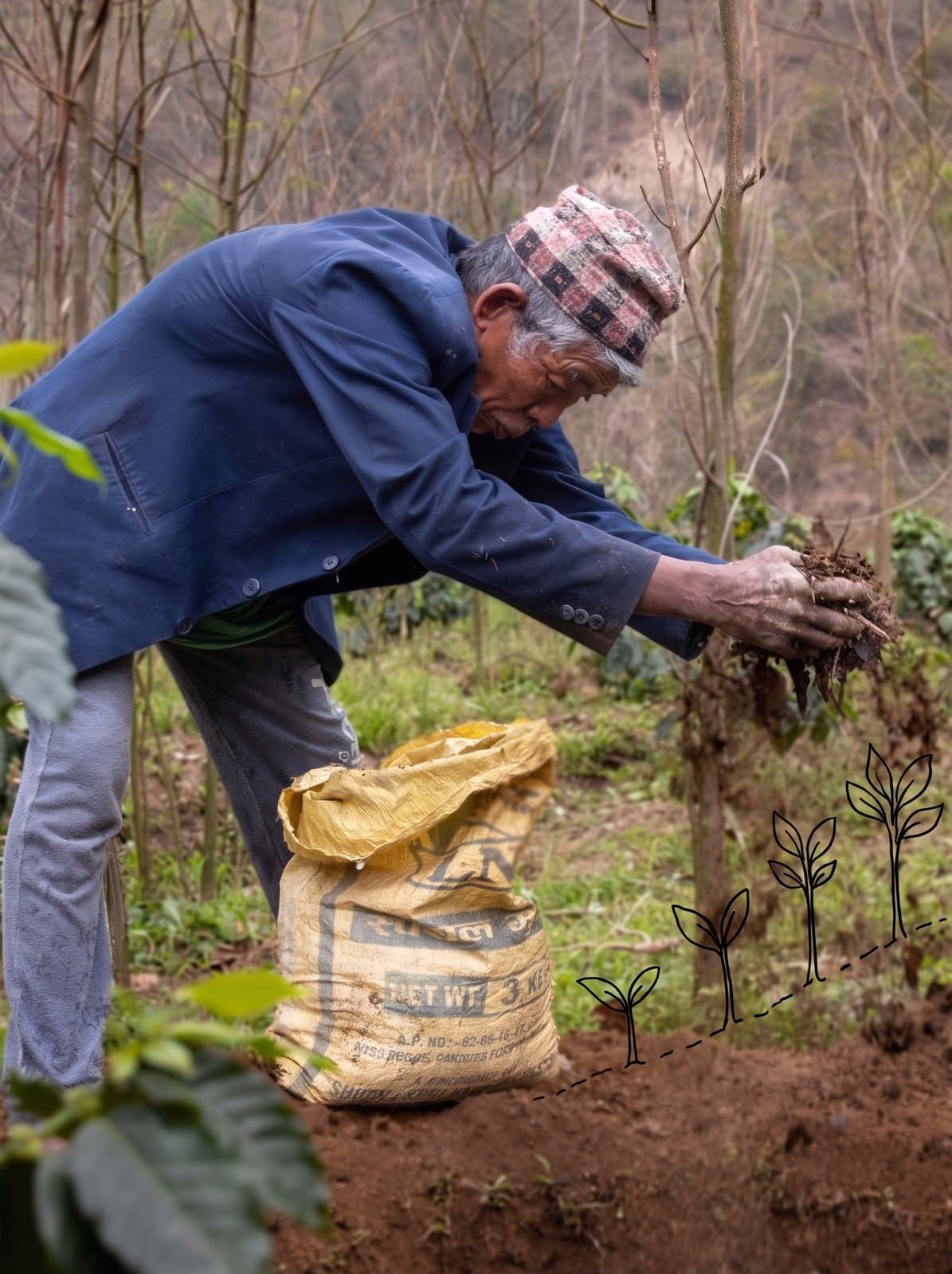 A grower in a dhaka topi planting a coffee seedling in Kavre, with a row of drawn saplings continuing across the soil beside it
