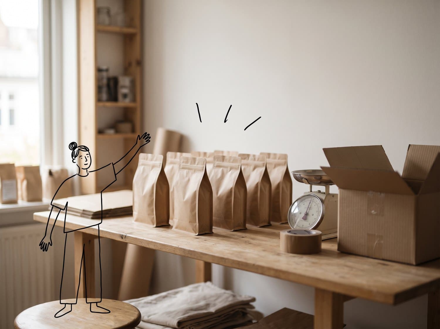 A row of coffee bags on a workbench being packed into a box, with a small drawn figure counting them off